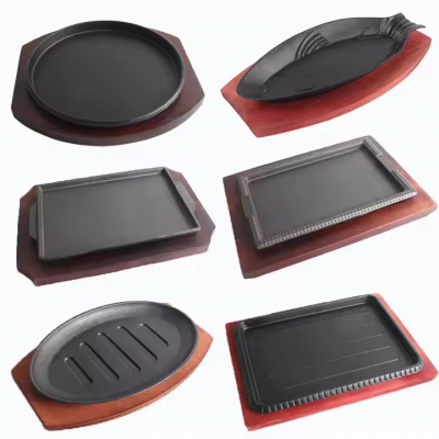 Wholesale Cookware Sets Round Sizzling Plate Fajita Teppanyaki Pan 24cm Black Cast Iron Steak Plate With Wooden Base photo-3