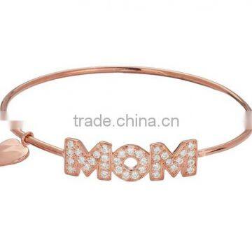 Rose Gold Cubic Zirconia MOM Bangle Bracelet with Charm Heart