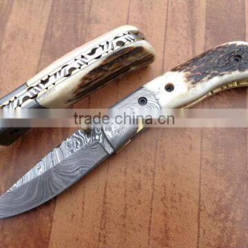 udk f100" custom handmade Damascus folding knife / pocket knife with beautiful stag handle