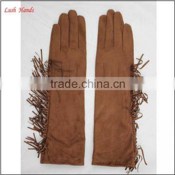 ladies suede brown long leather hand gloves with tassel