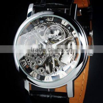 Men's Leather Skeleton Dial Hand-Wind Up Mechanical Wrist Watch