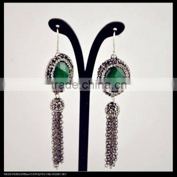 LFD-058E Wholesale Pave Rhinestone Crystal Oval Agate with Tassel Chains Dangle Earrings Jewelry Finding For Women