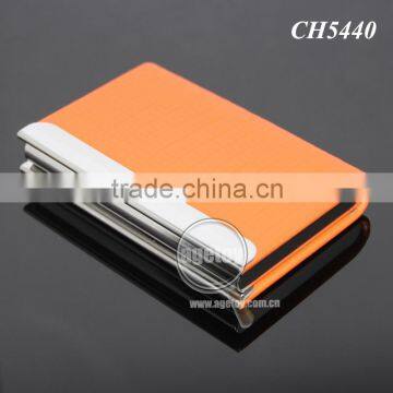 Orange Color Leather Stainless Steel Metal Leather Business Card Holder