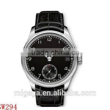 Hand Wound Eight Days Black Leather Mens Watch, Arabic numeral hour markers ,Mechanical movement watch