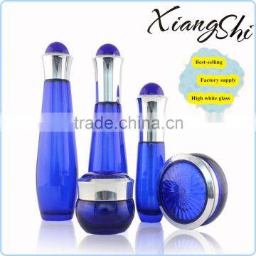 shiny sky blue cream glass bottles and jars