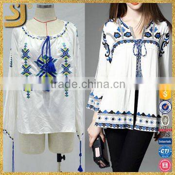 Latest top fashion design casual lady cotton embroidery blouse with long bell sleeve                        
                                                Quality Choice