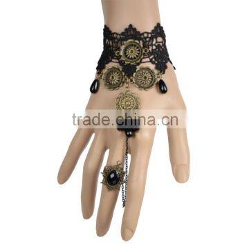 Alloy Flower Retro Women Black Lace Bracelet with Teardrop Tassel Rhinestone Ring