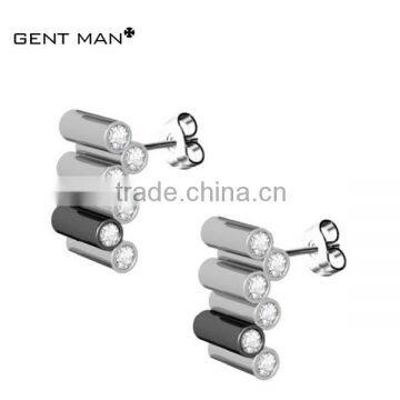 China supplier Custom Wholesale Stainless Steel Chinese Black And Silver cylinder connected Earrings with large CZ stone setting