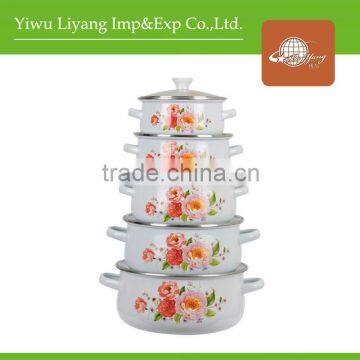 673DG High Quality Decal 5pcs Enamel Pot Set With Glass Lid