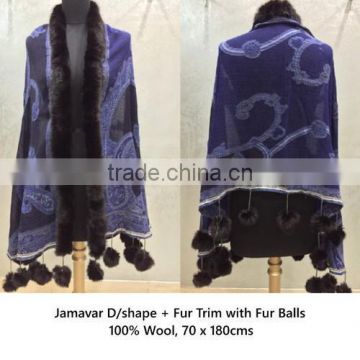 Jamawar Shawls Jamavar D/Shape Fur Trim with Fur balls 02