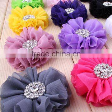 fabric chiffon flower with rhinestone center for kids hair accessories