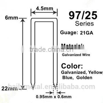 Factory supply 97 series staples crown: 4.60mm 21GA, 9725, 9722, 9719, 9716, 9715, 9714, 9712, 9710, 9708 STAPLES