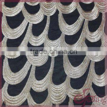 Golden embroidery design mesh fabric, embroidery lace fabric for dress, blouse, tops