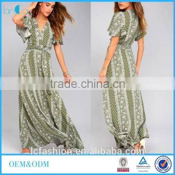 100% Rayon Vintage Boho Style Olive Green Print Long Maxi Dress