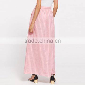 New Arrival Fashion Design Belted Button Up Pinstripe Skirt Women High Waist A Line Maxi Skirt photo-5