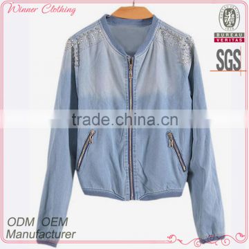 Jacket women winter wear 2016 latest ladies design custom100%cotton beaded denim jacket