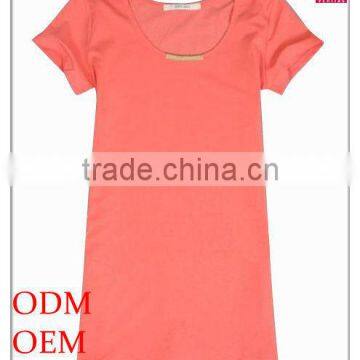 mental decorated scoop neck lady fashion pink rib trim at neck,cuff and hem lady shirt in bamboo fiber