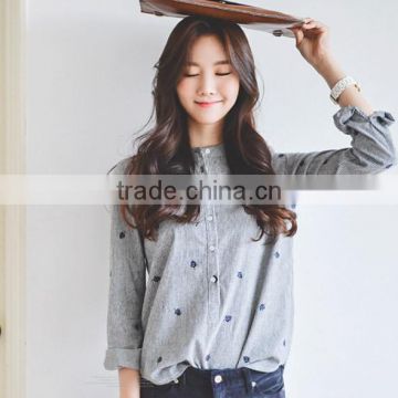 100 Cotton Comfortable Long Sleeve Leaves Embroidery Striped Shirts for Women Stand Collar Shirts photo-3