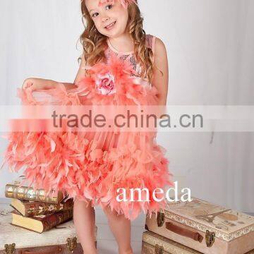 Girls Shimmer Coral Pink Feather Tutu Dress With Matching Sash and Headband photo-2