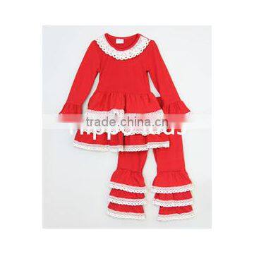 Christmas wholesale children's boutique clothing triple ruffles girls outfits red lace ruffle tunic and pants set