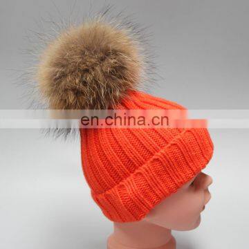 Top grade red child pompom hats for kids with 15cm large raccoon fur ball