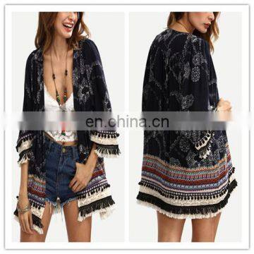 Tribal Print Fringe Pom-pom Decorated Black Women Designer Kimono Cardigan