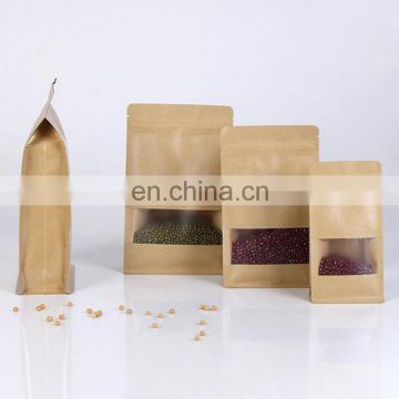 Factory price food grade flat bottom kraft paper bag with zipper and window for food packaging