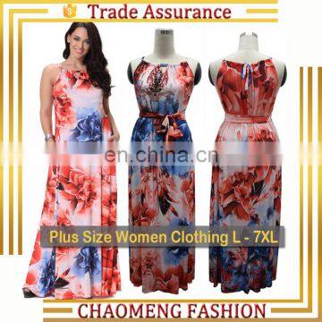 7021# Ladies Fashion Sleeveless Thai Silk Pattern Chic High Quality Sexy Long Floral Summer Maxi Plus Size Bohemian Beach Dress