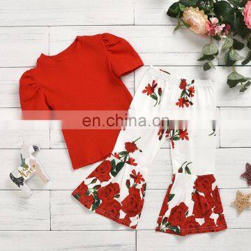 Plain Red Top and Rose Pattern Bell Bottom 2pcs Beautiful Baby Girl Boutique Suit photo-5