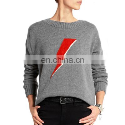 Ladies Intarsia Knitting Gray Cashmere Sweater Custom Design Sweater