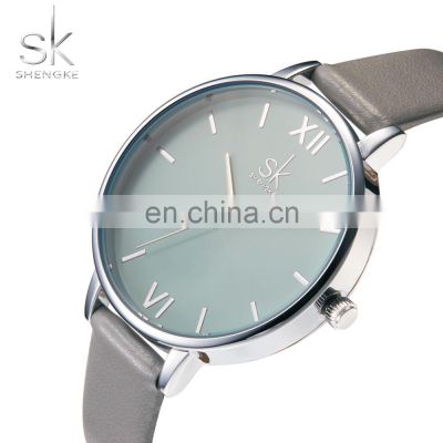 SHENGKE SK Classic Minimalist Watch Ladies Watch Woman Quartz Alloy Watch Gray Leather K0056L