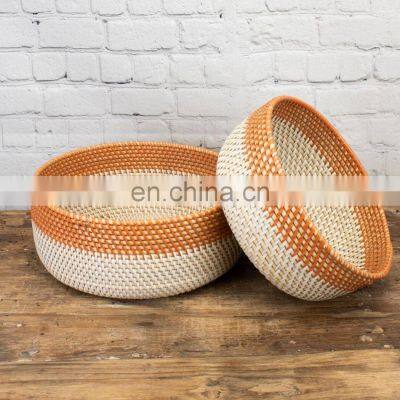Rattan Storage Basket Tray in Blue & Orange Boho Home Decor photo-2