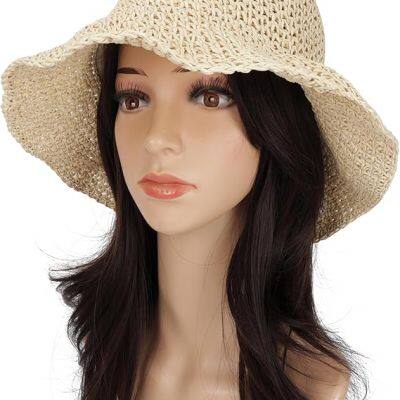 Womens Floppy Straw Sun Hat Foldable Packable Wide Brim Summer Beach Hat Crochet Bucket Hat