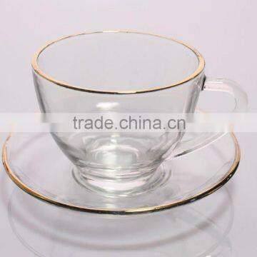 2016 factory outlet Eco-friendly transparent glass coffee cup and saucer set with golden rim