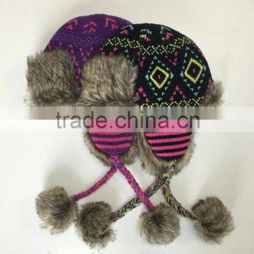 High Quality Wholesale diamond jacquard knitted winter trapper hat with faux fur lining