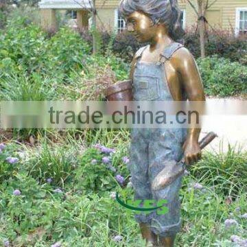 Bronze girl raising flower garden statue