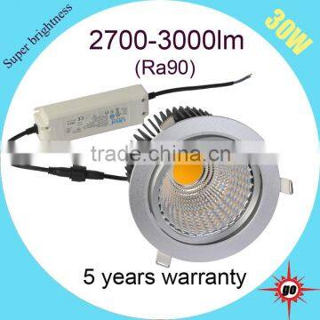 CRI90 (Ra 90) hot sell CE RoHS approval led cob downlight 30w