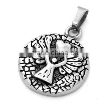 TKB-P1691 Religious Jewelry Hands With Hearts Lord Prayer Flying Angel Wing Round Pendant 316L Stainless Steel Ornate