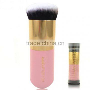 2016 new arrival pink and white wood handle powder foundation brush with round plastic cask