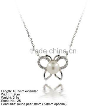 NPA2-001Butterfly Shape 925 Sterling Silver necklace CZ Stones & Pearl