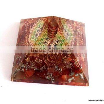 Chakra Pyramid | Big Orgone Red Carnelian Pyramid With Flower Of Life Symbol And Crystal Point | Reiki Products photo-3