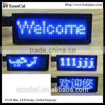 Blue color Worldwide language 12X38B 5V USB + Rechargeable battery mini LED display/LED name card/LED tag /Led badge