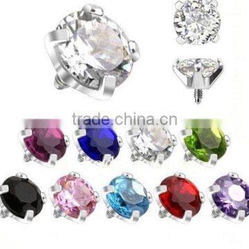 Steel Threaded Prong Set Round CZ Gem Internal Labret Top