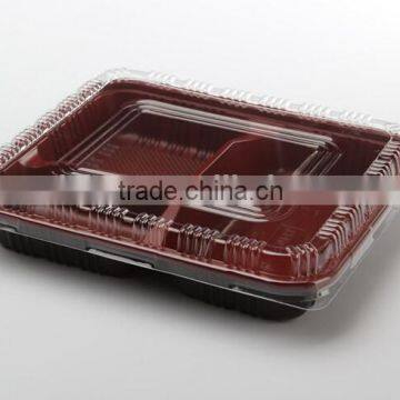 Red black plastic food container with 3 compartment