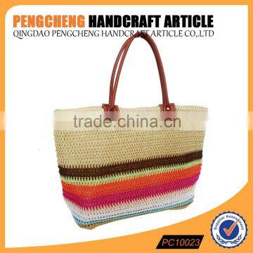 Paper straw tote beach bag hot sell brown and orange color women stripe crochet handbag