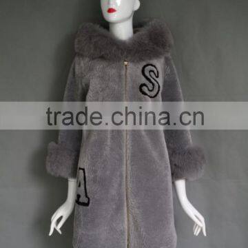 Popular New Style Genuine Gery Long Lamb Skin Coat with shearing fur hood