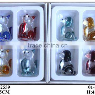 colored glass dog set and glass cat set for home decoration