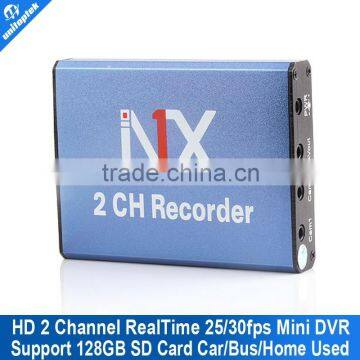 Real time 25fpsMPEG-4 Video Compression Motion Detection 2 Channel Mini Mobile DVR Recorder Support SD Card 128GB