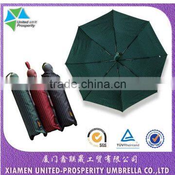 High quality pin-striped classic business auto auto and close 3-fold umbrella with round handle