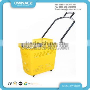 Wholesale Supermarket Rolling Plastic Shopping Basket With Wheels